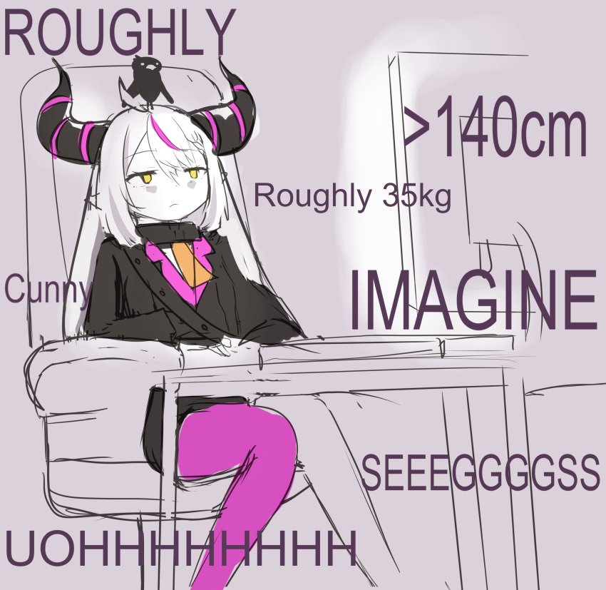 1girl, 4chan, absurdres, animal, animal_on_head, at_computer, bird, bird_on_head, blank_stare, breasts, completely_unamused, crow, crow_(la+_darknesss), demon_girl, demon_horns, egosearching, english_text, expressionless, falaloods, highres, hololive, holox, horns, imagine_(meme), jitome, la+_darknesss, meme, monitor, on_head, pantyhose, parody, profanity, seggs_(meme), sitting, sketch, small_breasts, solo, spot_color, striped_horns, unamused, uohhhhhhhhh!_(meme), virtual_youtuber