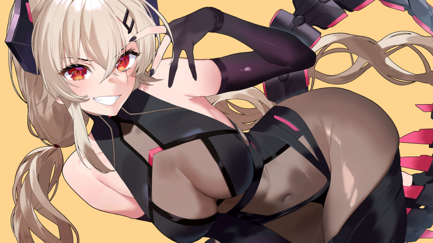1girl, all_fours, bare_shoulders, black_gloves, black_thighhighs, bodysuit, breasts, commission