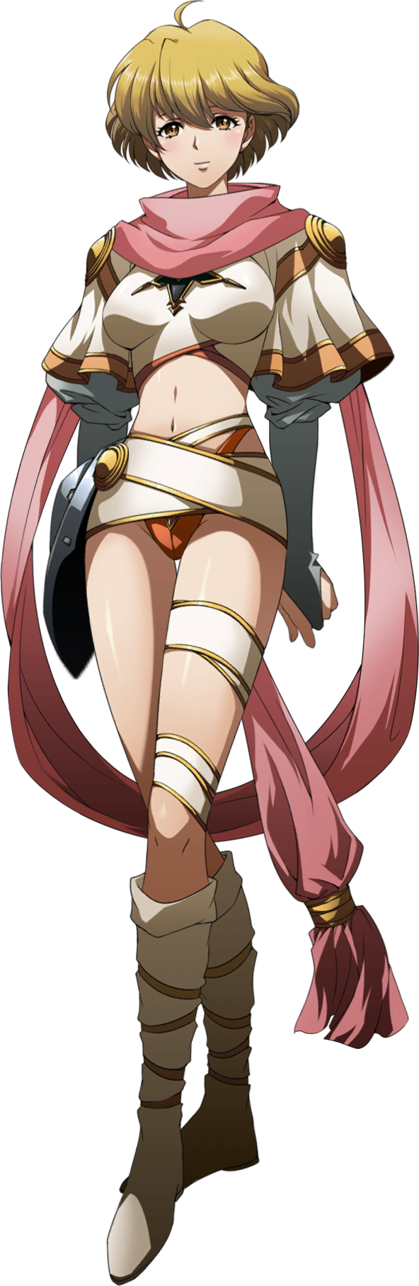 1girl, ahoge, blonde_hair, boots, bridal_gauntlets, brown_eyes, closed_mouth, full_body