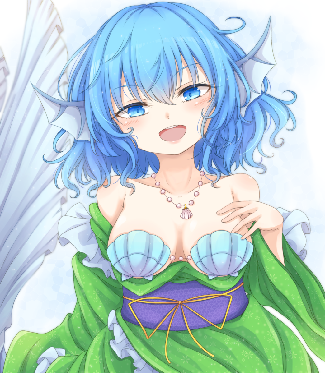 1girl, bikini, blue_background, blue_eyes, blue_hair, breasts, cleavage, fins