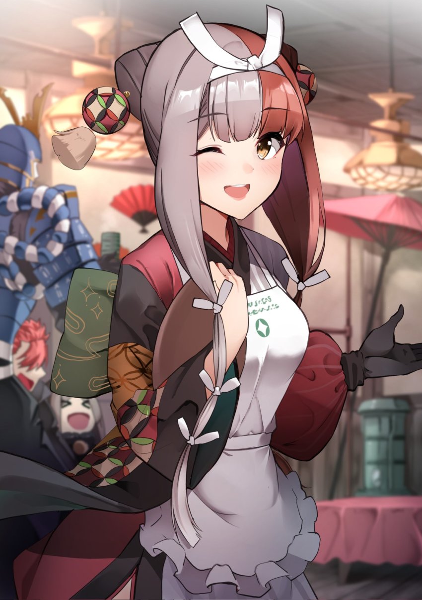 >_<, apron, armor, asymmetrical_sleeves, blurry, blurry_background, brown_eyes, cafe