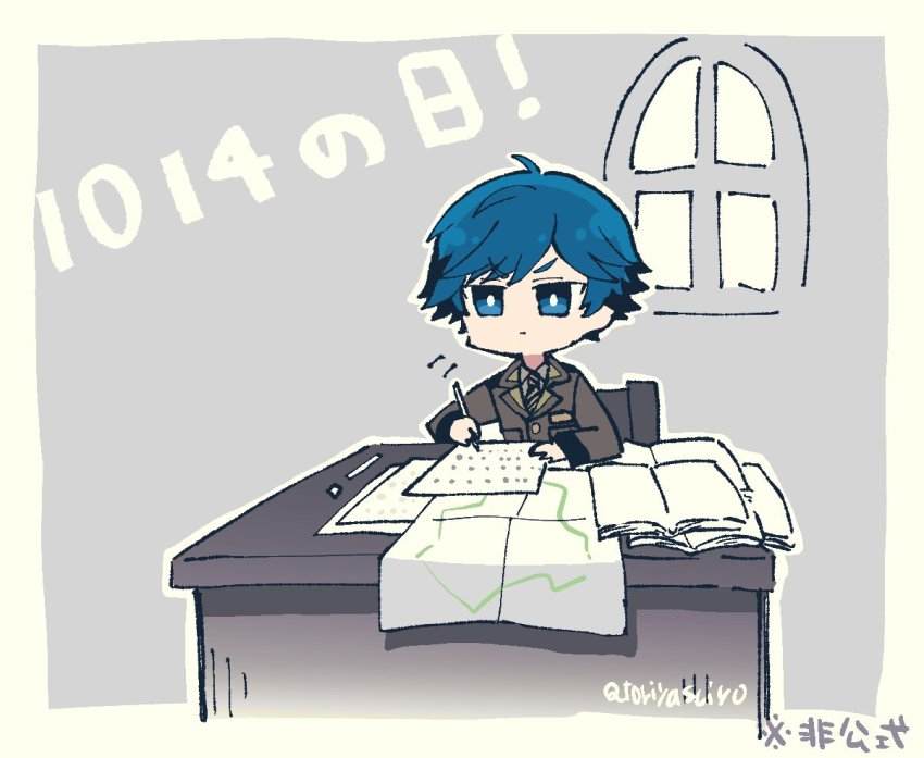 1boy, blue_eyes, blue_hair, desk, frown, indoors, kyoudou_granbird, male_focus