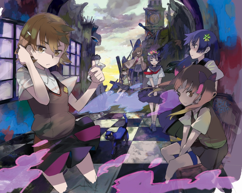 00s, 1boy, 6+girls, adjusting_hair, blue_hair, bow, brown_eyes, brown_hair, cat, checkered_floor, faceless, floor, flower, hair_bow, hair_flower, hair_ornament, head-mounted_display, head_wreath, inu_(toaru_majutsu_no_index), itachi_(3dt), kamijou_touma, kiyama_harumi, looking_at_viewer, misaka_imouto, misaka_imouto_10032's_cat, misaka_mikoto, multiple_girls, pantyhose, perspective, pleated_skirt, purple_hair, ruins, saten_ruiko, school_uniform, serafuku, shirai_kuroko, siblings, sisters, skirt, sweater_vest, thigh_strap, toaru_kagaku_no_railgun, toaru_majutsu_no_index, twintails, uiharu_kazari, v_arms, vanishing_point, wind