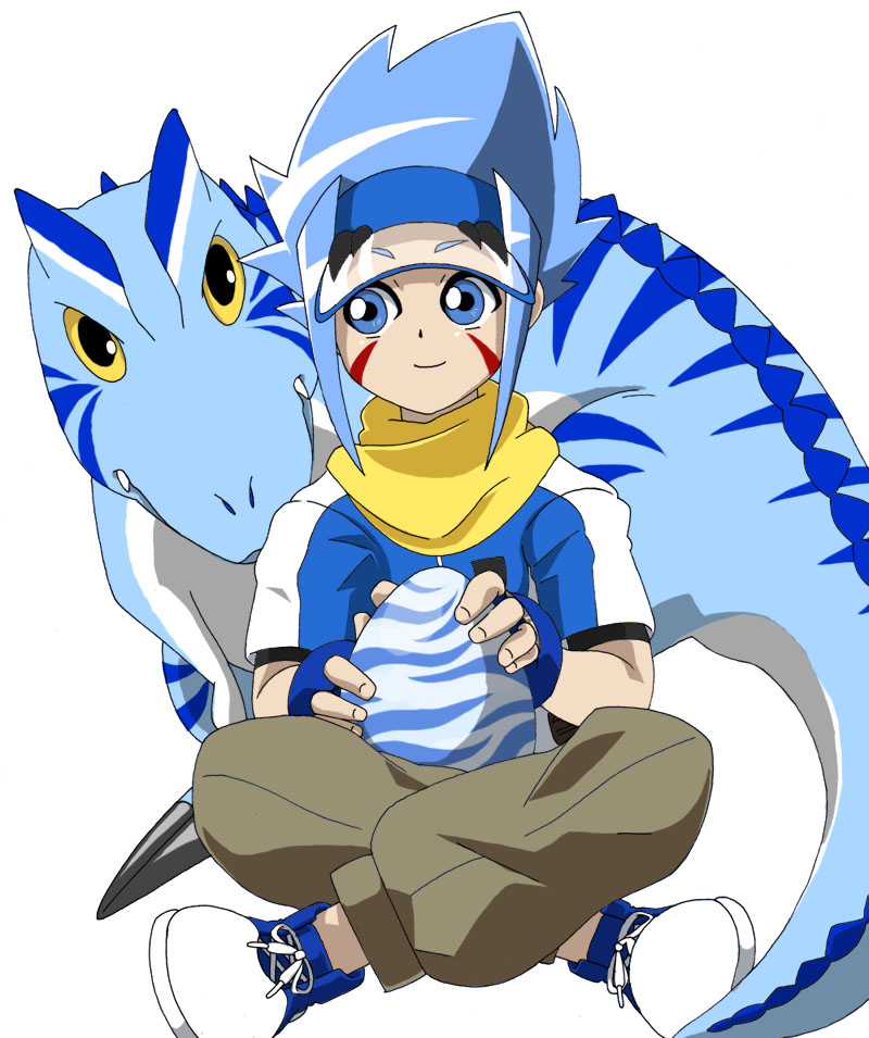 1boy, blue_eyes, blue_gloves, blue_hair, blue_headwear, dinosaur, dinosaur_king, egg, facial_mark, fingerless_gloves, gloves, looking_at_viewer, nopis, pants, scarf, shirt, sidelocks, simple_background, sitting, spiked_hair, t-shirt, tamaki_(tamakimika), white_background, yellow_eyes, yellow_scarf, aged_down