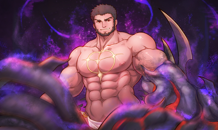 1boy, abs, avenger_(dungeon_and_fighter), bara, beard, brown_hair, chest_tattoo, dungeon_and_fighter