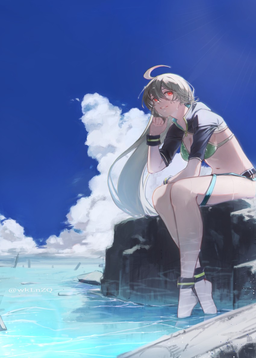 1girl, absurdres, ahoge, barefoot, bikini, blue_sky, cloud, day, green_bikini, grey_hair, highres, leaning_forward, long_hair, looking_at_viewer, midriff, navel, outdoors, phantom_of_the_kill, red_eyes, sitting, sky, smile, soaking_feet, solo, swimsuit, water, wklnzq