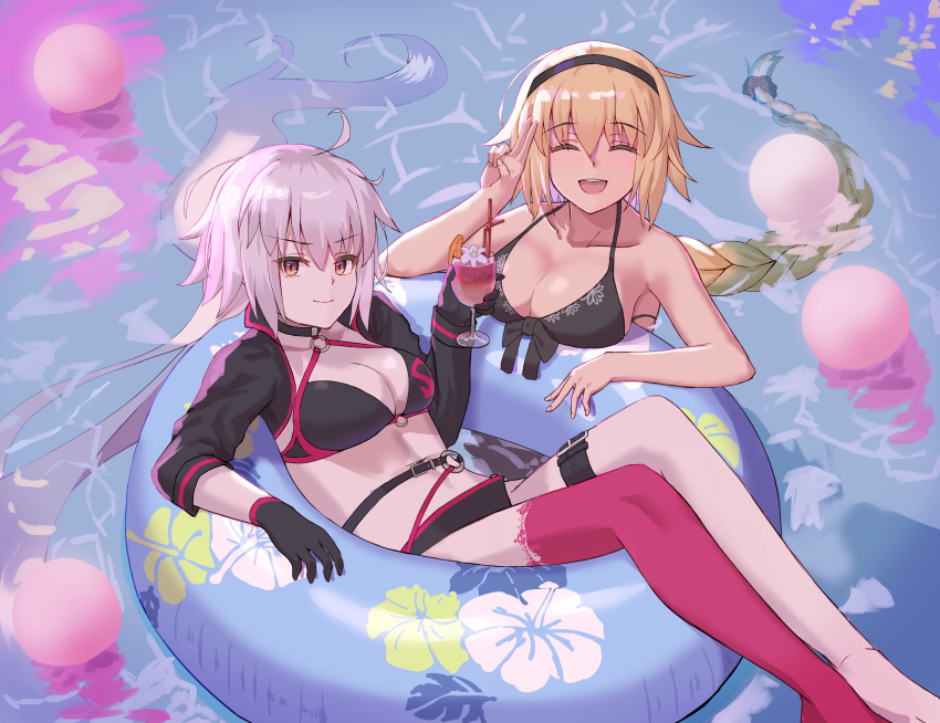 2girls, absurdres, ahoge, bare_shoulders, bikini, black_bikini, black_choker, black_gloves
