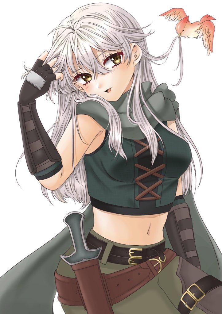 1girl, bird, breasts, brown_gloves, cosplay, cowboy_shot, dagger, fingerless_gloves, fire_emblem, fire_emblem:_radiant_dawn, gau_fe, gloves, grabbing_another's_hair, green_scarf, half_updo, hand_in_own_hair, holding_another's_hair, knife, long_hair, looking_at_viewer, medium_breasts, micaiah_(fire_emblem), midriff, navel, nintendo, pants, ruffling_hair, scarf, silver_hair, simple_background, sleeveless, smile, solo, sothe_(fire_emblem), sothe_(fire_emblem)_(cosplay), weapon, white_background, yellow_eyes, yune_(fire_emblem)