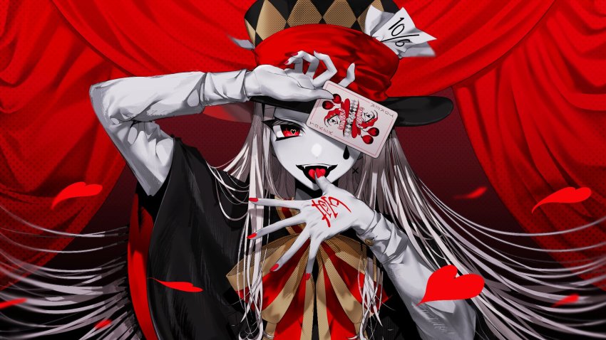 1girl, bad_id, bad_twitter_id, bow, card, curtains, dear:_(utaite), envy_baby_(vocaloid), facial_mark, fangs, hat, heart, heart_in_eye, highres, holding, holding_card, indie_utaite, long_hair, looking_at_viewer, nail_polish, original, playing_card, poncho, red_bow, red_eyes, red_nails, red_theme, smile, solo, stage_curtains, striped_bow, symbol_in_eye, teardrop_facial_mark, tongue, tongue_out, top_hat, utaite, vocaloid, xoco
