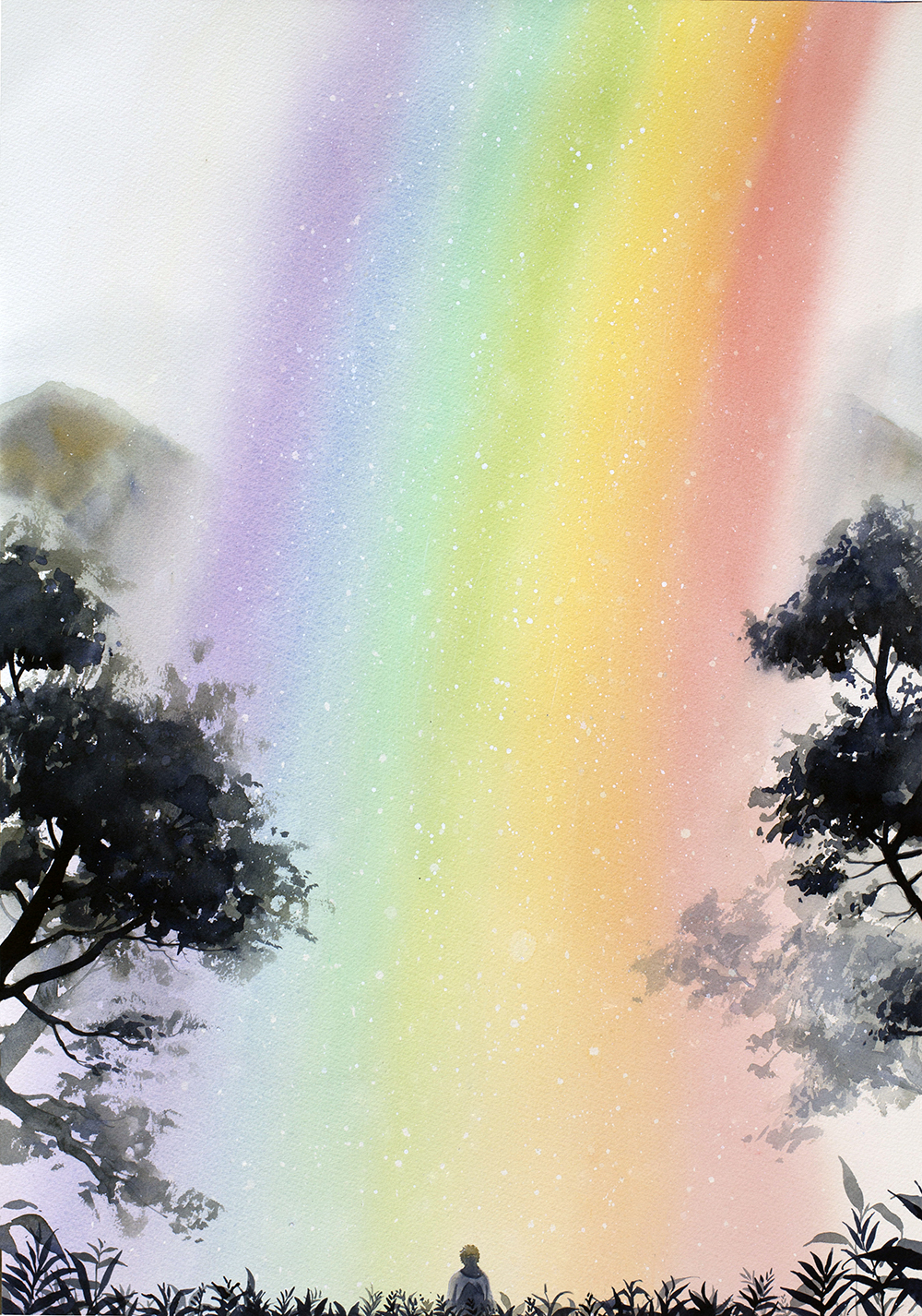 1boy, amber_t, character_request, facing_away, from_behind, grass, highres, mountain