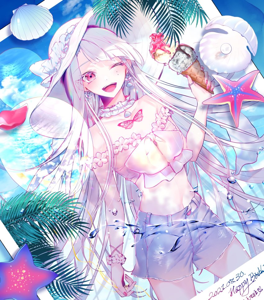 1girl, bad_id, bad_twitter_id, balloon, blue_shorts, bracelet, choker, collarbone