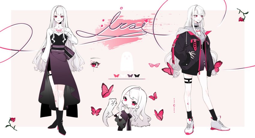 1girl, bad_id, bad_twitter_id, black_jacket, breasts, bug, butterfly, butterfly_hair_ornament