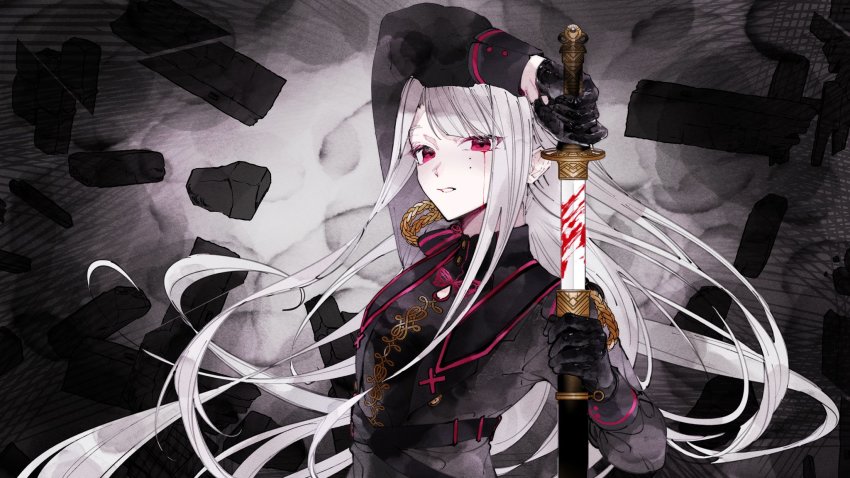 1girl, bad_id, bad_twitter_id, black_gloves, black_jacket, blood, bloody_tears, bloody_weapon