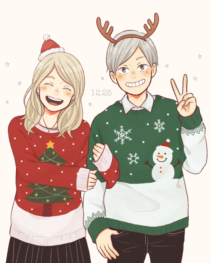 1boy, 1girl, antlers, arm_hug, black_pants, blonde_hair, brother_and_sister, christmas
