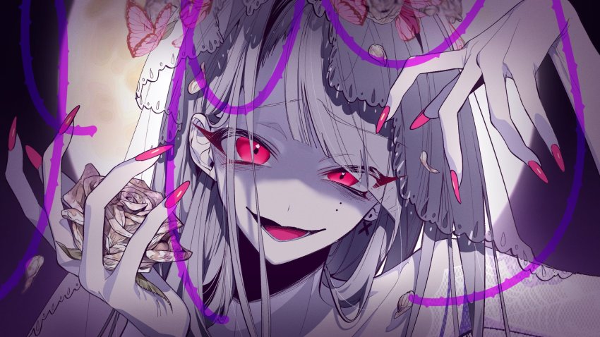 1girl, bad_id, bad_twitter_id, blurry, blurry_background, bug, butterfly, collarbone, cross, cross_earrings, dear:_(utaite), earrings, flower, hair_behind_ear, head_tilt, highres, holding, holding_flower, indie_utaite, insect, jewelry, looking_at_viewer, moon, nail_polish, open_mouth, original, pink_butterfly, pink_nails, portrait, rose, single_earring, smile, solo, utaite, veil, white_flower, white_rose, xoco