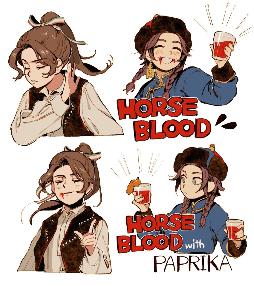 2girls, black_headwear, black_vest, blood, blood_from_mouth, blue_eyes, blue_jacket, braid, collared_shirt, cup, drakeposting_(meme), earrings, english_text, closed_eyes, frown, fur_hat, grin, hair_ribbon, hair_tie, hat, high_collar, highres, holding, holding_cup, hungarian_clothes, hungary, index_finger_raised, jacket, jewelry, long_hair, long_sleeves, meme, mongolia, multiple_girls, nanimonothing, notice_lines, original, ponytail, ribbon, shirt, simple_background, single_earring, smile, untranslatable_commentary, twin_braids, ushanka, vest, white_background, white_shirt