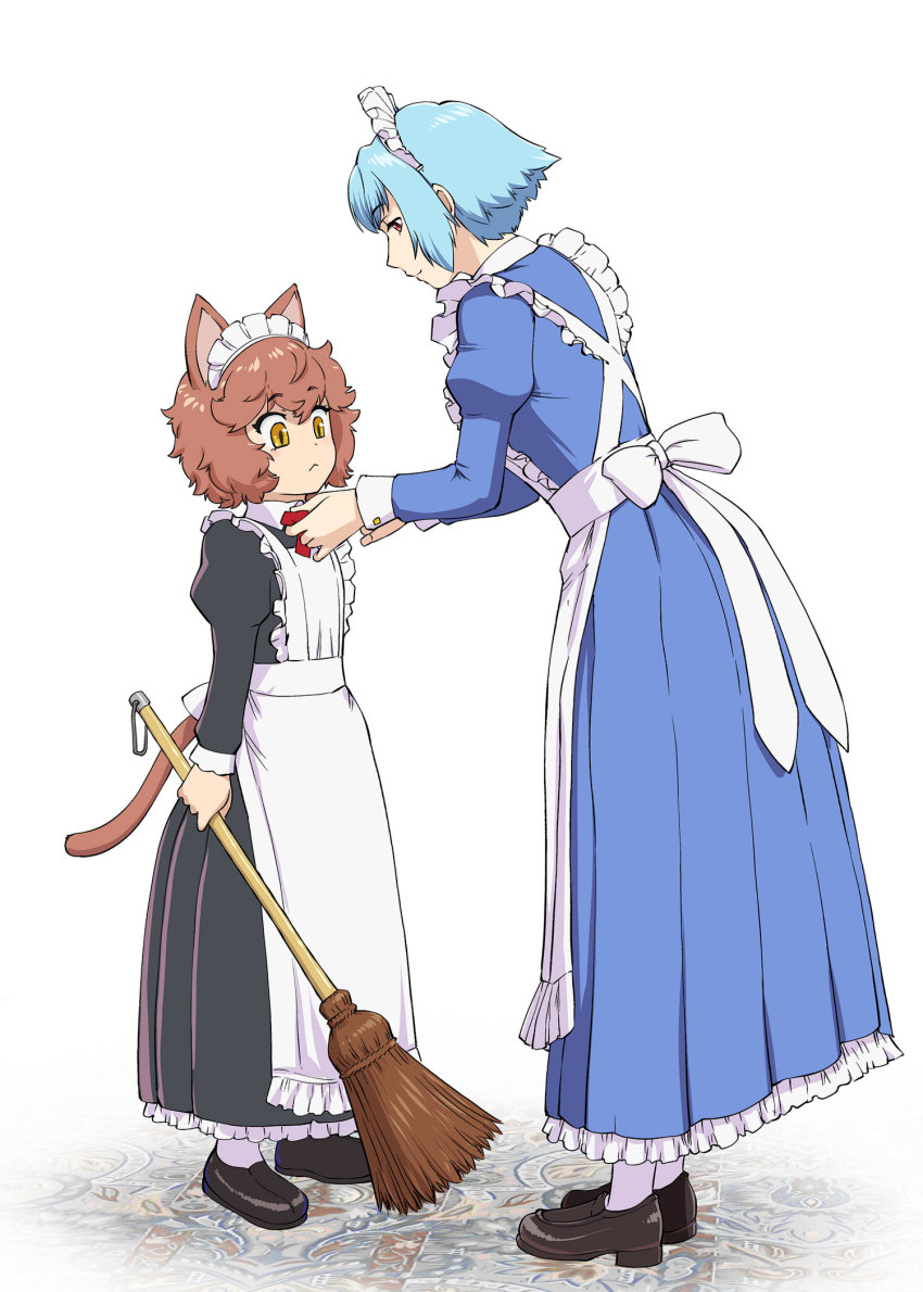 2girls, :<, animal_ears, apron, blue_hair, broom, brown_eyes, brown_hair, height_difference, highres, holding, juliet_sleeves, long_sleeves, maid, maid_apron, maid_headdress, messy_hair, multiple_girls, original, puffy_sleeves, short_hair, tail, ueyama_michirou, white_background, your_tie_is_crooked