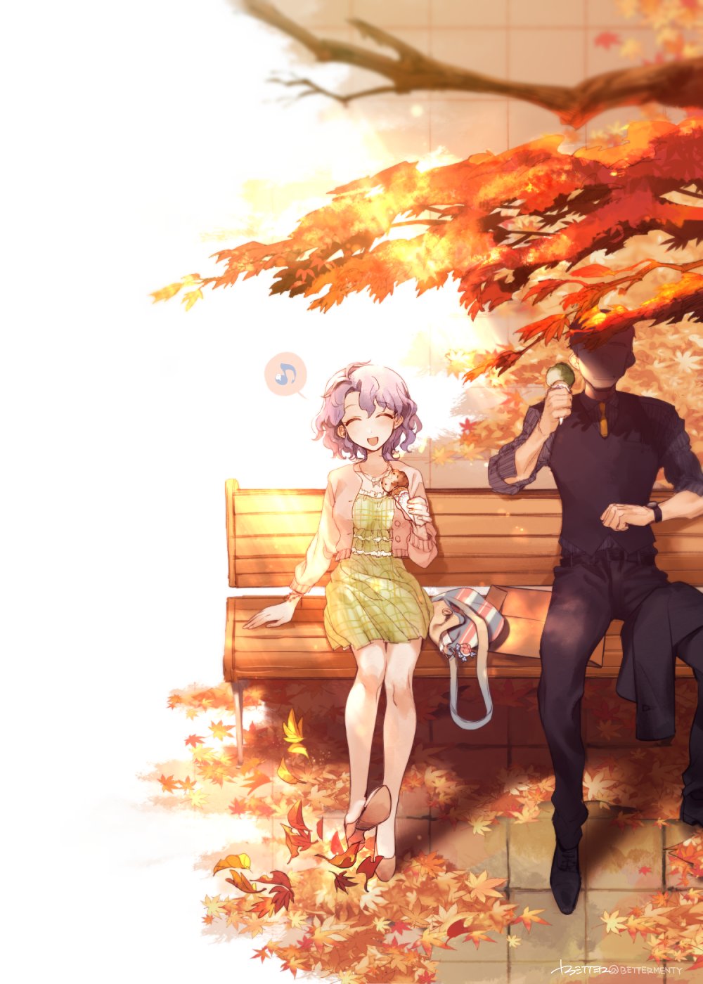 1boy, 1girl, ^_^, ^o^, autumn, autumn_leaves, bare_legs, bettermenty
