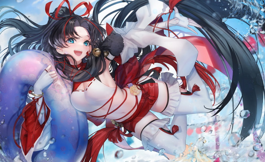 1girl, armpits, bell, black_hair, blue_eyes, breasts, cleavage, detached_sleeves, elbow_gloves, enmusubi_no_kami_(onmyoji), fingerless_gloves, gloves, highres, innertube, jingle_bell, long_hair, midriff, mins_(minevi), navel, onmyoji, open_mouth, red_ribbon, ribbon, solo, swim_ring, thighhighs, water_drop, white_gloves, white_thighhighs, zettai_ryouiki