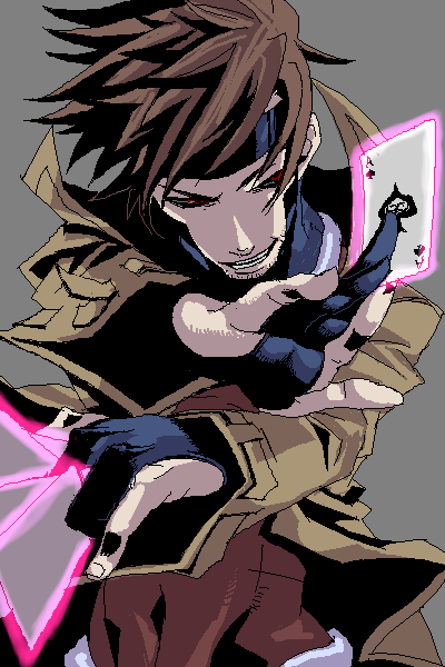 1boy, black_sclera, brown_hair, card, coat, colored_sclera, covered_navel, crossed_arms, dual_wielding, facial_hair, fighting_stance, fingerless_gloves, foreshortening, gambit, gloves, glowing, grey_background, head_tilt, holding, holding_card, jacket, jaggy_lines, looking_at_viewer, male_focus, marvel, oekaki, open_clothes, open_jacket, perspective, playing_card, red_eyes, short_hair, simple_background, smile, solo, spiked_hair, stubble, superhero_costume, togatsuko, x-men