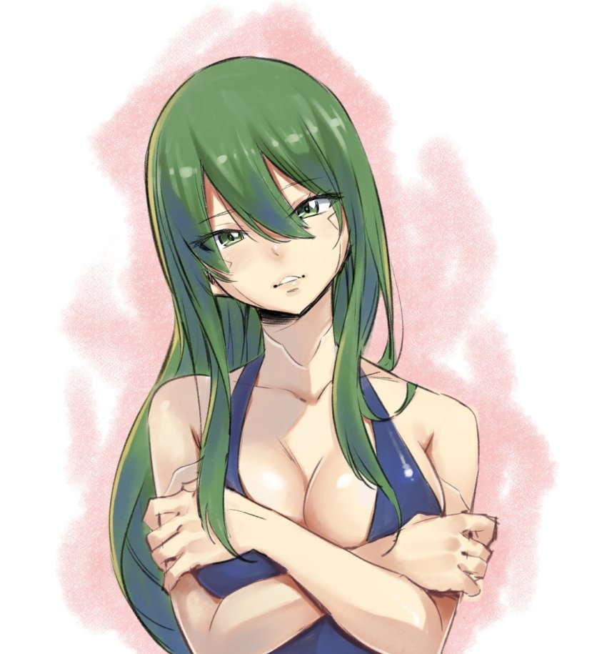 1girl, breasts, cleavage, eden's_zero, green_eyes, green_hair, hair_between_eyes, halterneck