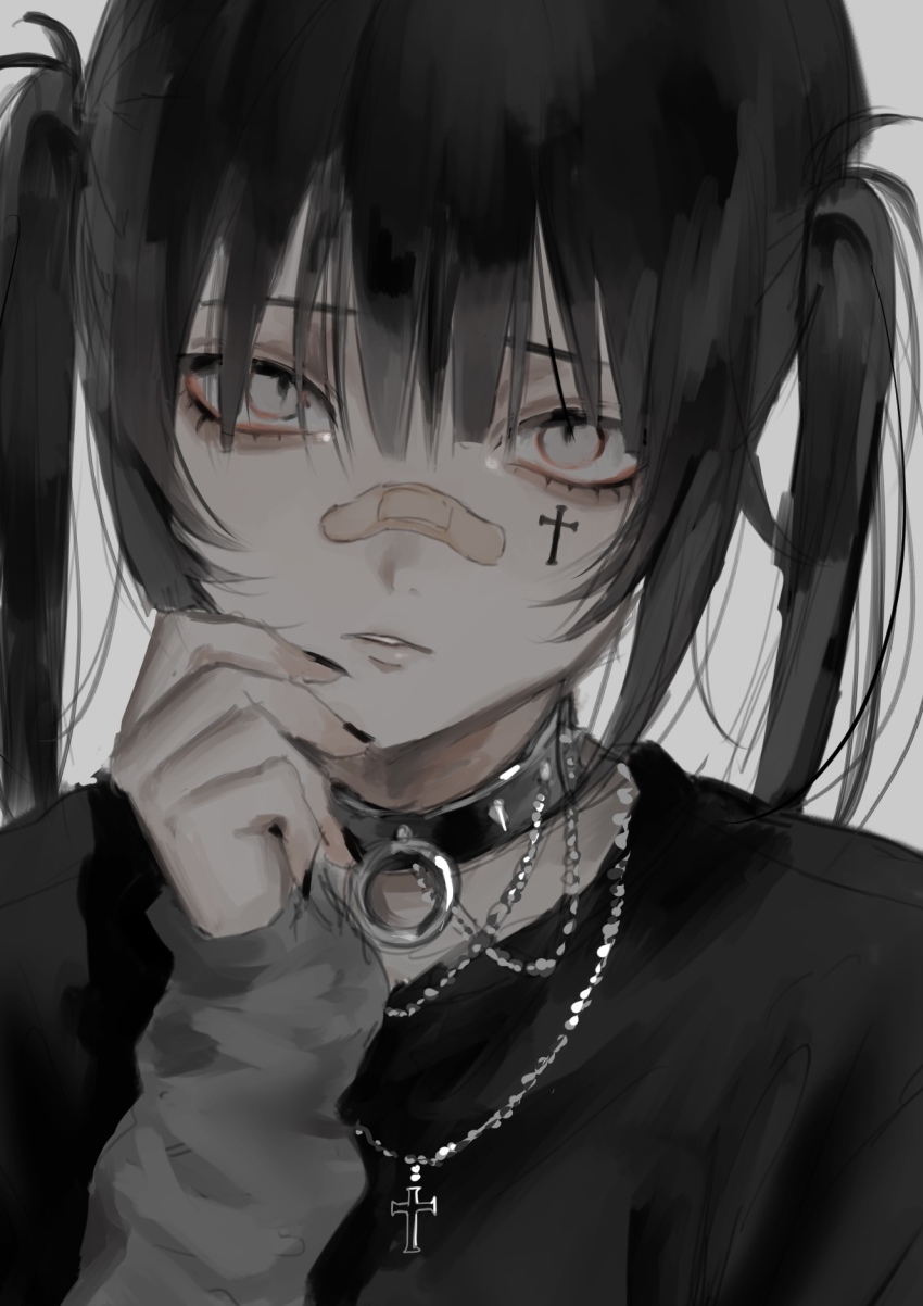 1girl, bandaid, bandaid_on_face, bandaid_on_nose, black_choker, black_hair, black_nails, celtic_cross