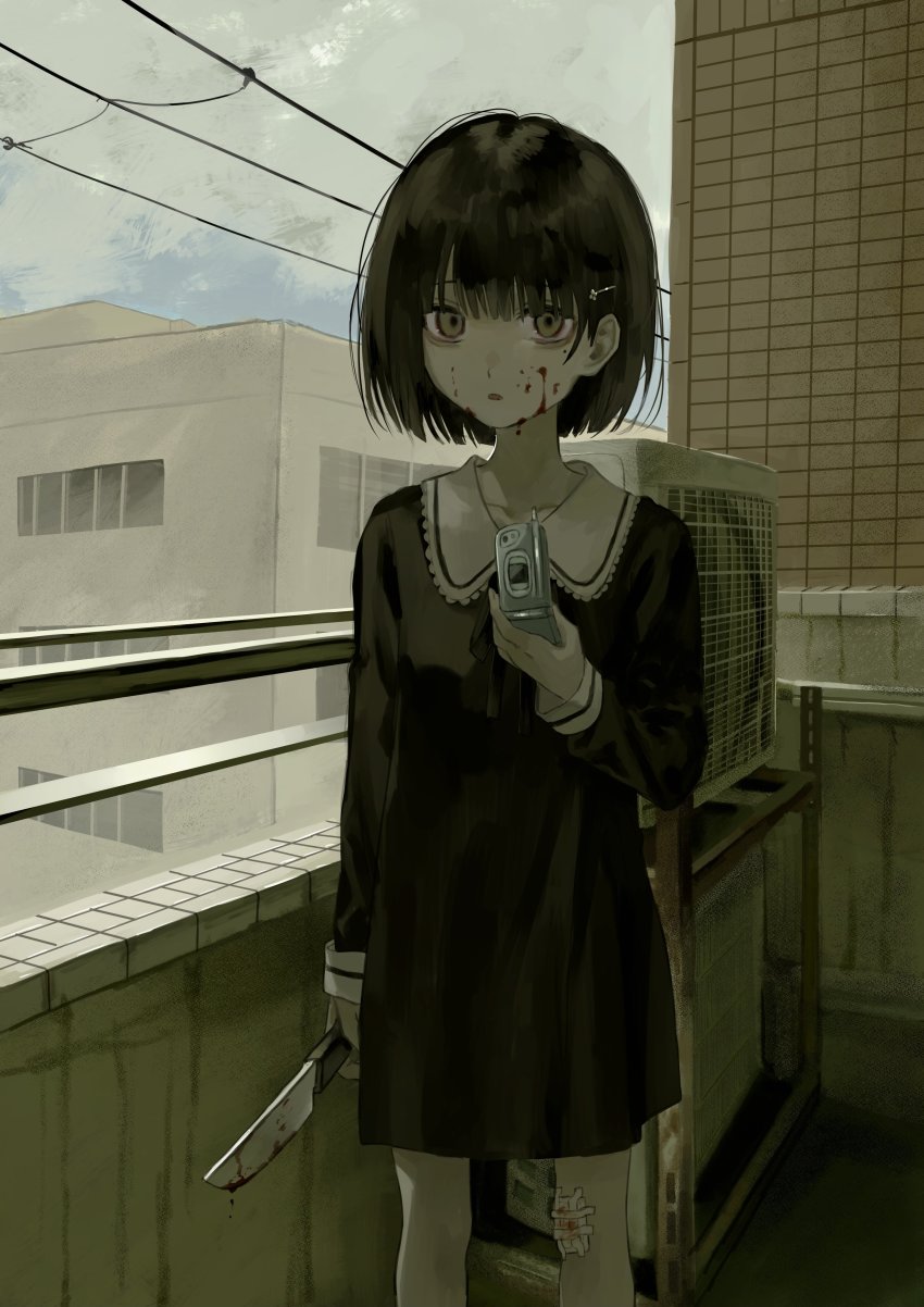 1girl, absurdres, air_conditioner, bags_under_eyes, balcony, bandage_on_knee, bandaid, bandaid_on_knee