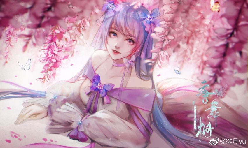 1girl, blue_hair, bug, butterfly, cherry_blossoms, douluo_dalu, feiyue_yu, hair_ornament