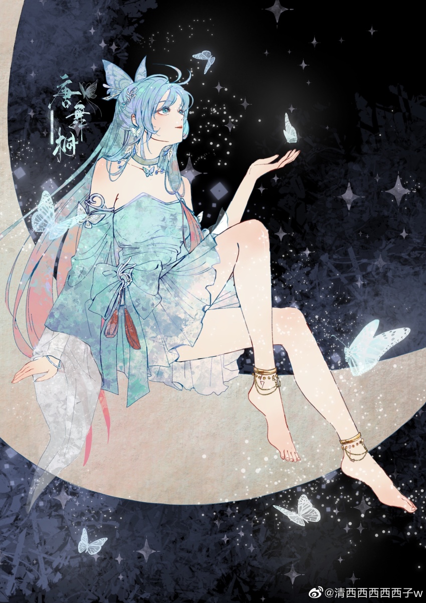 1girl, absurdres, anklet, bare_legs, blue_dress, blue_hair, bug, butterfly