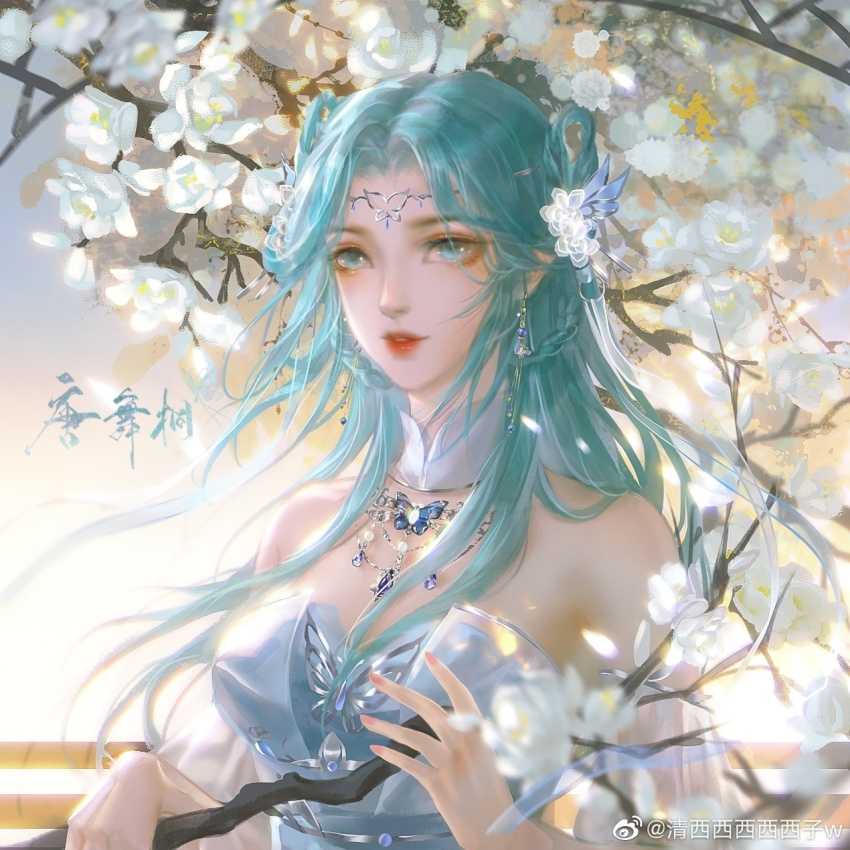 1girl, blue_dress, blue_hair, blurry_eyes, bug, butterfly, douluo_dalu, dress, flower, hair_ornament, highres, insect, jewelry, light, long_hair, necklace, qing_xixixixixizi_w, tang_wutong_(douluo_dalu), watermark, weibo_watermark