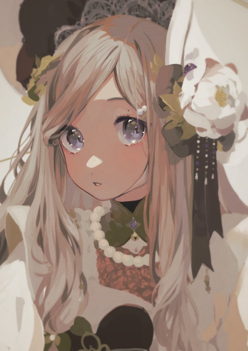 1girl, blush, bonnet, brown_hair, eri_(vtuber), eyebrows_hidden_by_hair, flower, grey_background