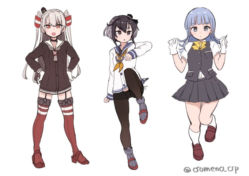 3girls, amatsukaze_(kancolle), black_hair, black_legwear, blouse, blue_hair, blue_sailor_collar, blunt_bangs