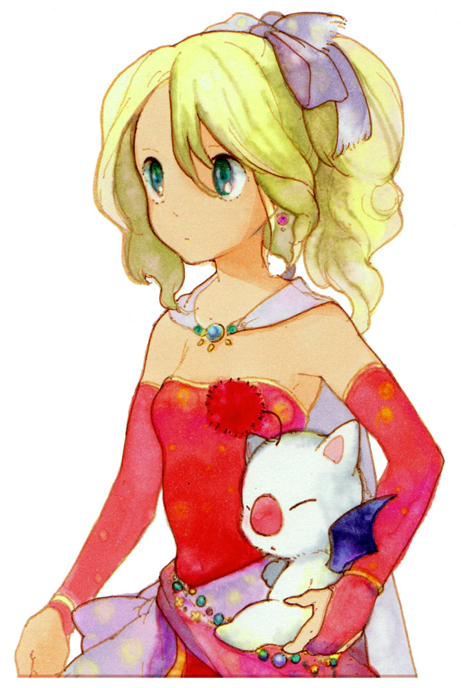 1990s_(style), 1girl, bare_shoulders, blonde_hair, bridal_gauntlets, cape, female_focus, final_fantasy, final_fantasy_vi, green_eyes, long_hair, moogle, ponytail, retro_artstyle, simple_background, solo, tina_branford, toisu, white_background