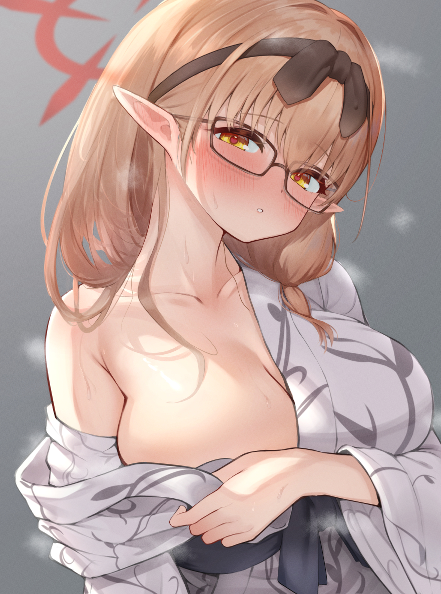 1girl, arm_at_side, black-framed_eyewear, black_bow, black_hairband, blue_archive, blush, bow