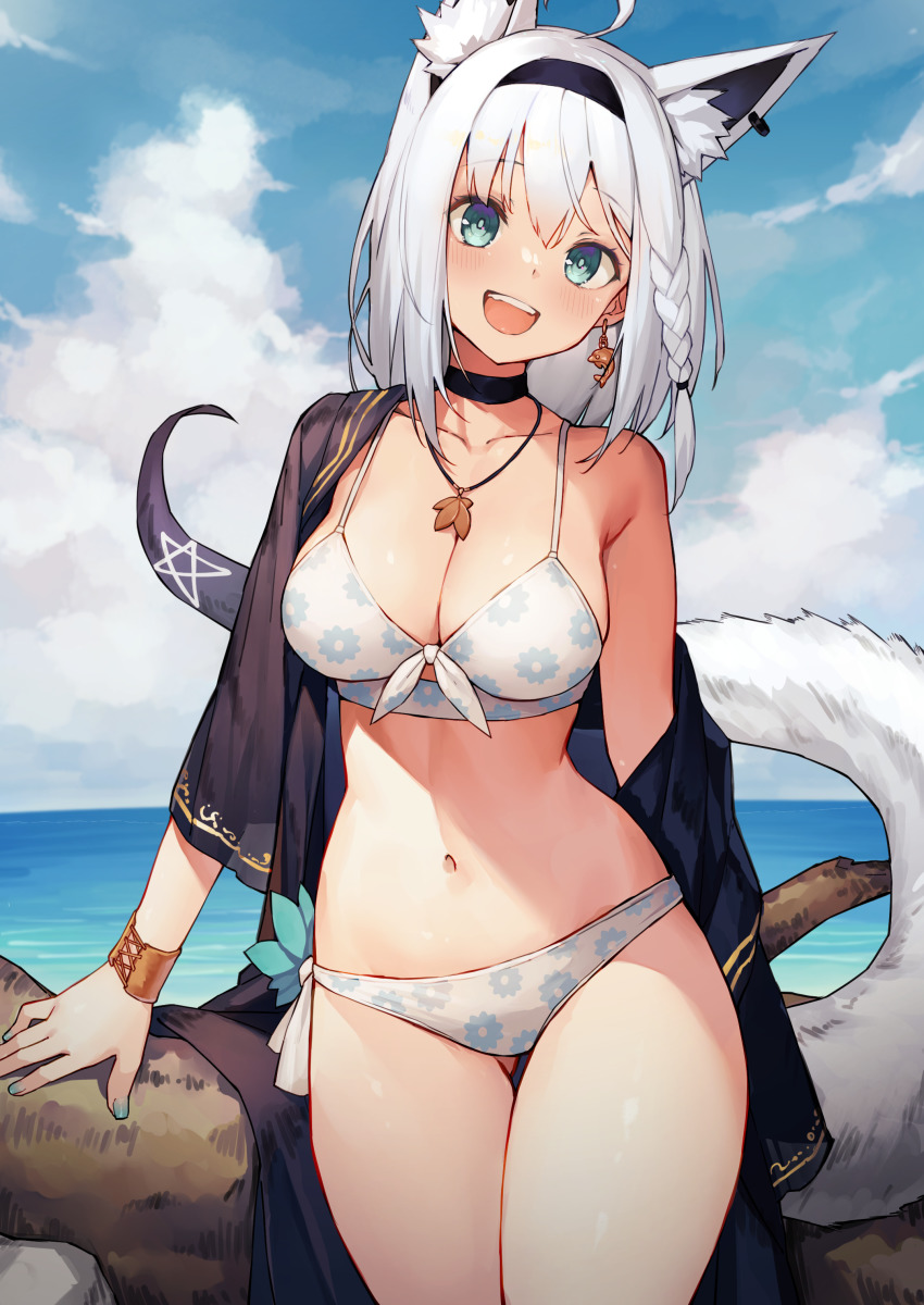 1girl, :d, absurdres, ahoge, animal_ear_fluff, animal_ears, aqua_eyes, bare_shoulders