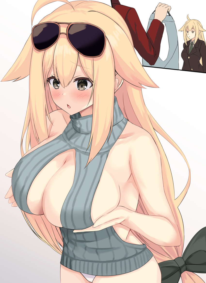 1girl, ahoge, blonde_hair, breasts, brown_eyes, brown_jacket, cleavage, collarbone, commander_(girls'_frontline), dress, eyewear_on_head, girls'_frontline, grabbing_own_breast, griffin_&amp;_kryuger_military_uniform, hair_flaps, highres, jacket, large_breasts, m1918_(girls'_frontline), no_bra, open-chest_sweater, panties, parted_lips, red_jacket, revealing_clothes, scourer_14, simple_background, sunglasses, sweater, sweater_dress, underwear, virgin_killer_sweater, white_background, white_panties