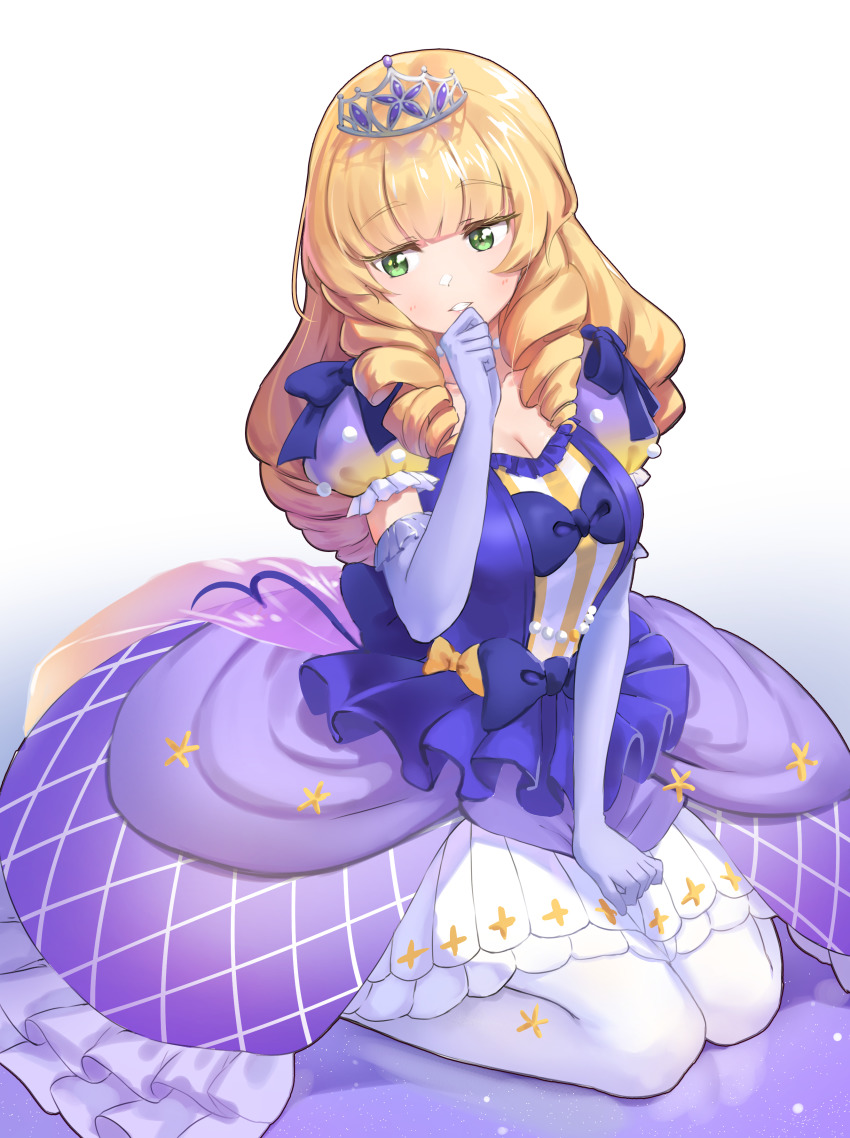 1girl, absurdres, blunt_bangs, breasts, cleavage, commentary_request, dress, elbow_gloves