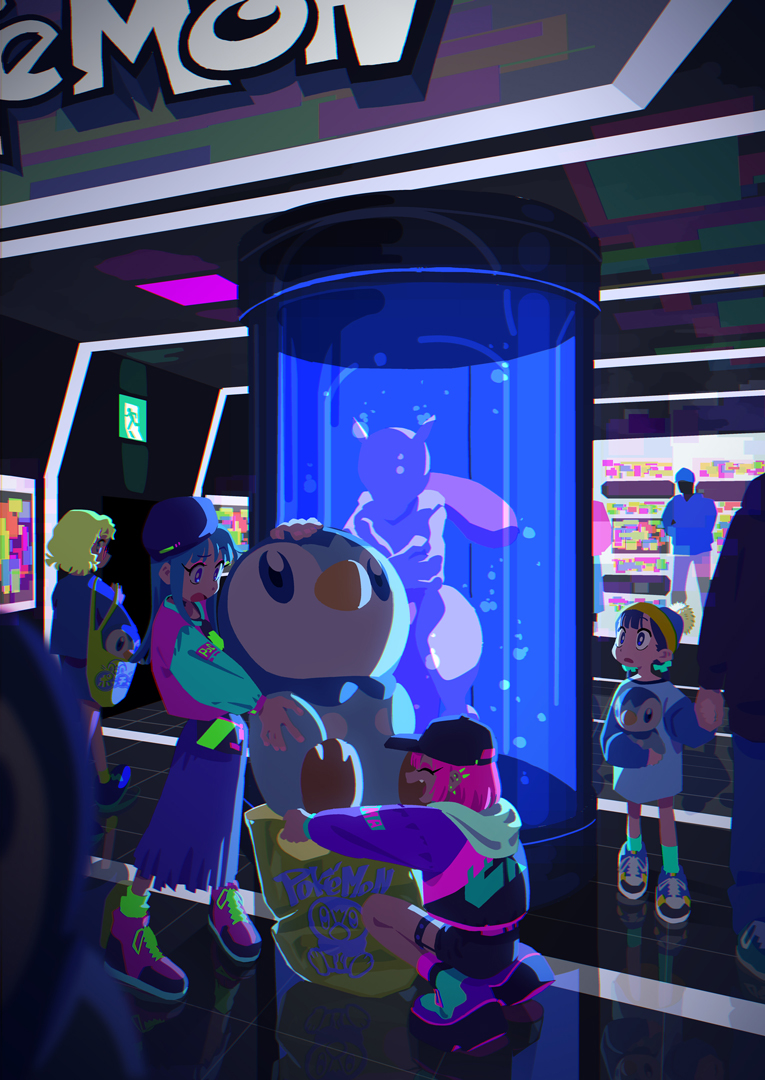 1boy, 5girls, air_bubble, bag, black_headwear, blonde_hair, bubble, character_doll