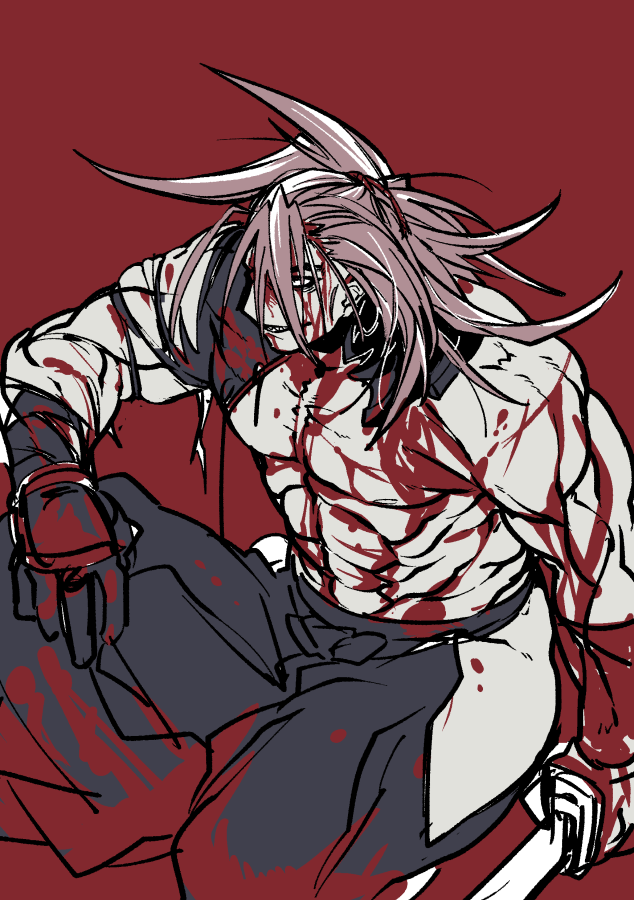 1boy, abs, bara, bare_pectorals, blood, blood_on_clothes, blood_on_face, brown_hair