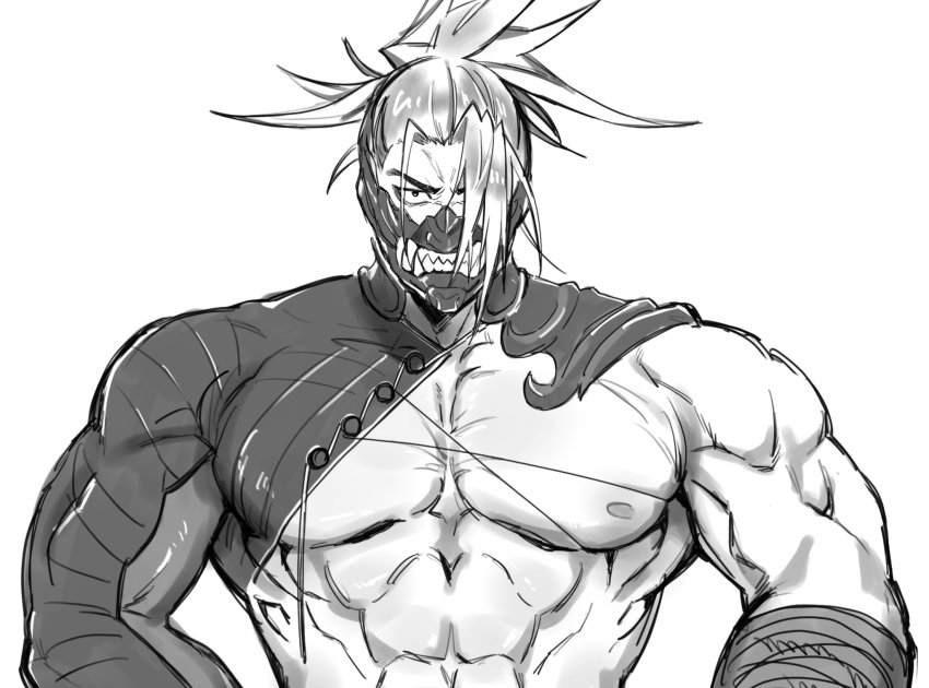 1boy, abs, angry, bara, bare_pectorals, bare_shoulders, biceps, fate/grand_order, fate_(series), greyscale, hair_over_one_eye, highres, igote, male_focus, monochrome, muscular, muscular_male, nipples, oogata_(l_m00g), pectorals, solo, stomach, tanaka_shinbei_(fate)