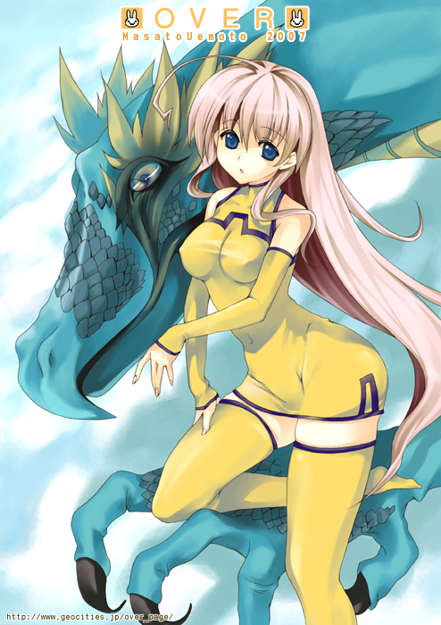 1girl, blue_eyes, breasts, covered_erect_nipples, dragon, elbow_gloves, female_focus, gloves