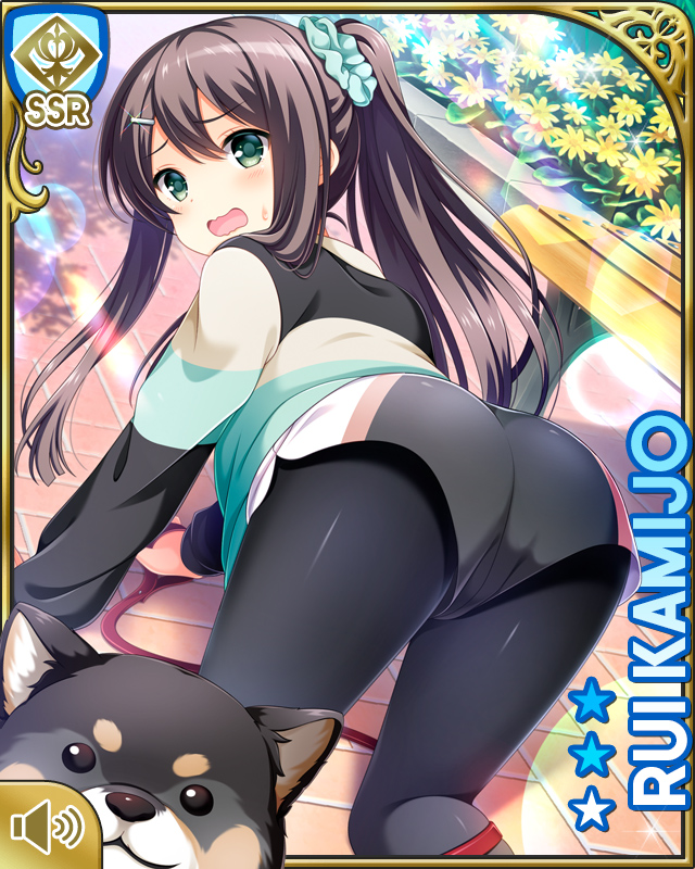 1girl, :o, all_fours, ass, black_hair, blush, breasts, card_(medium), character_name, day, dog, female_focus, girlfriend_(kari), green_eyes, jacket, kamijo_rui, leash, pantyhose_under_shorts, long_hair, official_art, open_mouth, outdoors, pantyhose, park, qp:flapper, shirt, shorts, solo, tagme, white_jacket, white_shirt, white_shorts