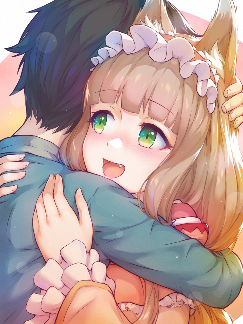 1boy, 1girl, animal_ears, blush, brown_hair, coba_(coba_xp), fox_ears, fox_girl