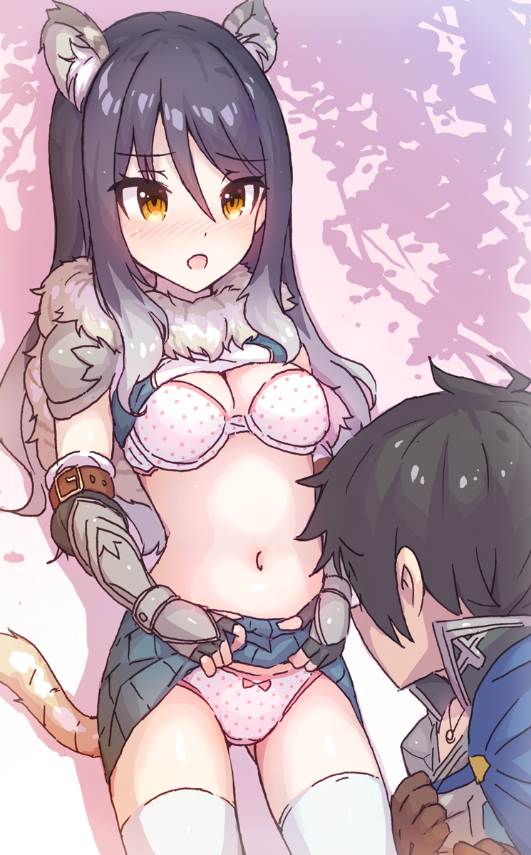 1boy, 1girl, animal_ear_fluff, animal_ears, blush, bow, bow_panties, bra, clothes_lift, coba_(coba_xp), gluteal_fold, highres, lifting_own_clothes, navel, open_mouth, panties, princess_connect!, shiori_(princess_connect!), shirt_lift, tail, thighhighs, underwear, white_thighhighs, yako_noir, yellow_eyes, yuuki_(princess_connect!)