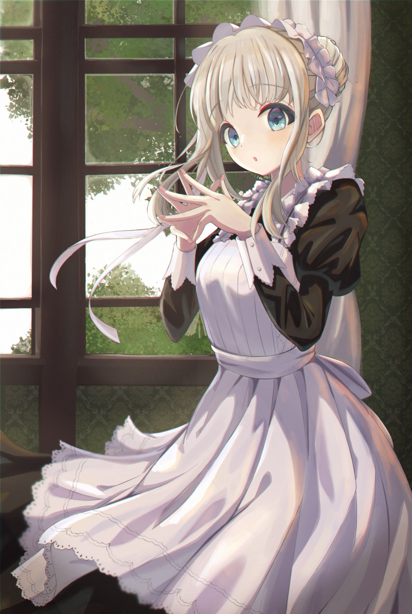 1girl, :o, absurdres, alternate_costume, apron, aqua_eyes, dress, enmaided, fingers_together, grey_hair, hair_bun, highres, idolmaster, idolmaster_shiny_colors, indoors, long_sleeves, looking_at_viewer, maid, maid_headdress, nobu-k, own_hands_together, pinafore_dress, puffy_long_sleeves, puffy_sleeves, serizawa_asahi, single_hair_bun, sleeveless_dress, solo, tree, two-tone_dress, wallpaper_(object), white_apron, window, wrist_cuffs