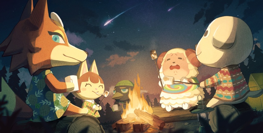 2girls, 3boys, :>, ^_^, animal_crossing, animal_crossing:_new_horizons, animal_print, blue_eyes, blurry, bones_(animal_crossing), campfire, closed_eyes, cloud, collared_shirt, commentary, cup, depth_of_field, dom_(animal_crossing), dress, eyewear_on_head, felicity_(animal_crossing), fire, fish_print, food, freya_(animal_crossing), furry, furry_female, furry_male, grass, highres, holding, holding_cup, holding_stick, jacques_(animal_crossing), log, marshmallow, mug, multiple_boys, multiple_girls, night, nintendo, oil_lamp, open_mouth, pine_tree, pineapple_print, saino_misaki, shirt, shooting_star, sitting, sitting_on_log, sky, sleeveless, sleeveless_dress, sleeveless_shirt, stick, sweater, untranslatable_commentary, teeth, tent, tree, upper_teeth_only