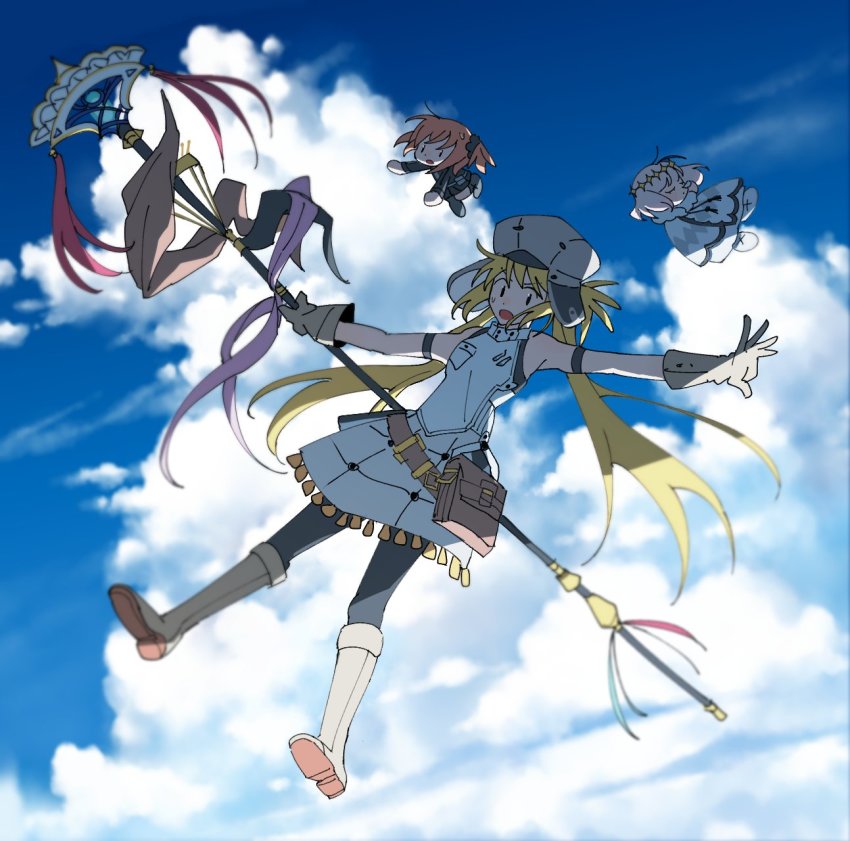 1boy, 2girls, ahoge, artoria_caster_(fate), artoria_caster_(first_ascension)_(fate), artoria_pendragon_(fate), bare_arms, blonde_hair