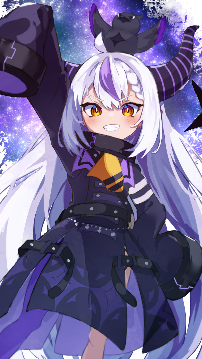 1girl, ahoge, animal, animal_on_head, bird, black_dress, black_eyes, blush