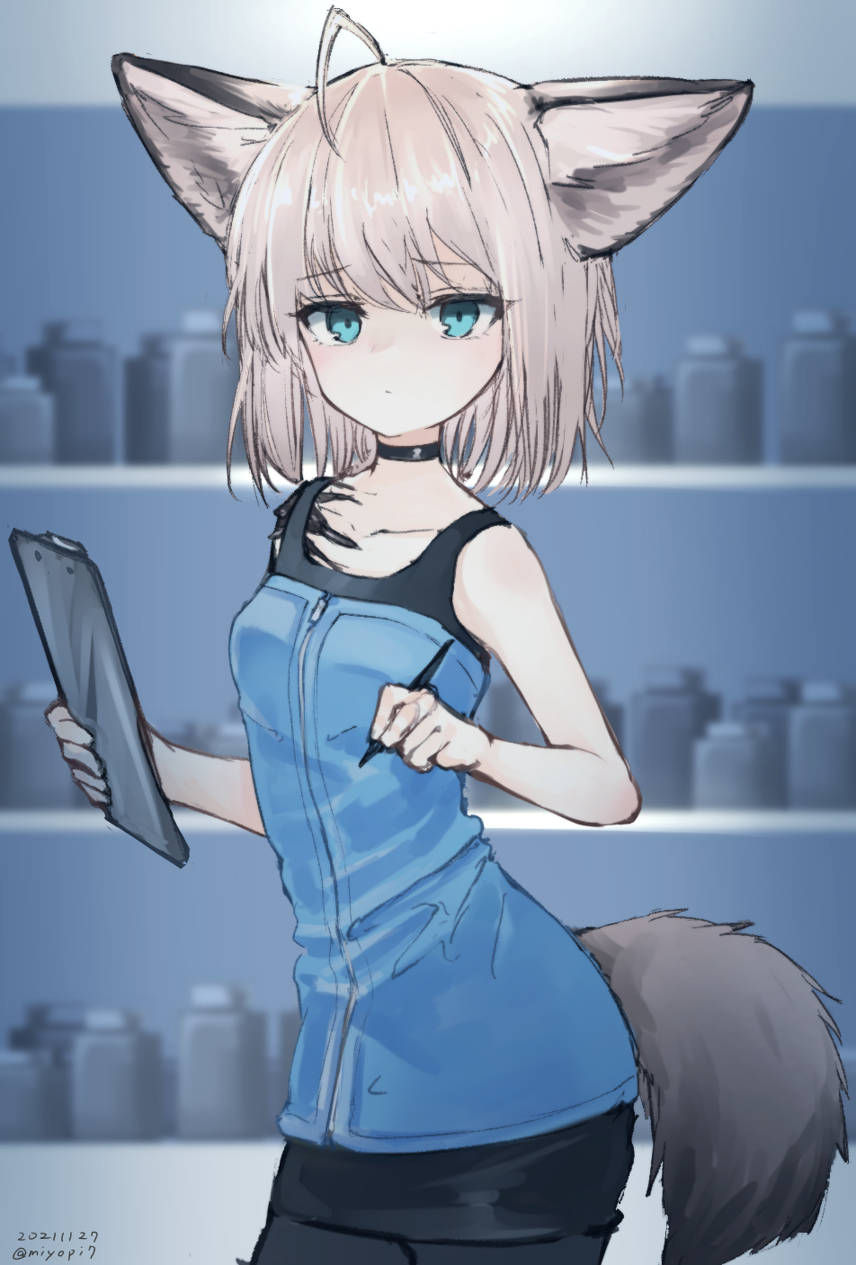 1girl, ahoge, animal_ears, arknights, bare_arms, bare_shoulders, black_choker, black_pantyhose, black_skirt, blue_eyes, blue_tank_top, blurry, blurry_background, bottle, choker, clipboard, closed_mouth, collarbone, commentary_request, dated, depth_of_field, fox_ears, fox_girl, fox_tail, grey_hair, highres, holding, holding_pencil, looking_at_viewer, material_growth, miyopiwi, oripathy_lesion_(arknights), pantyhose, pencil, skirt, solo, sussurro_(arknights), tail, tank_top, twitter_username