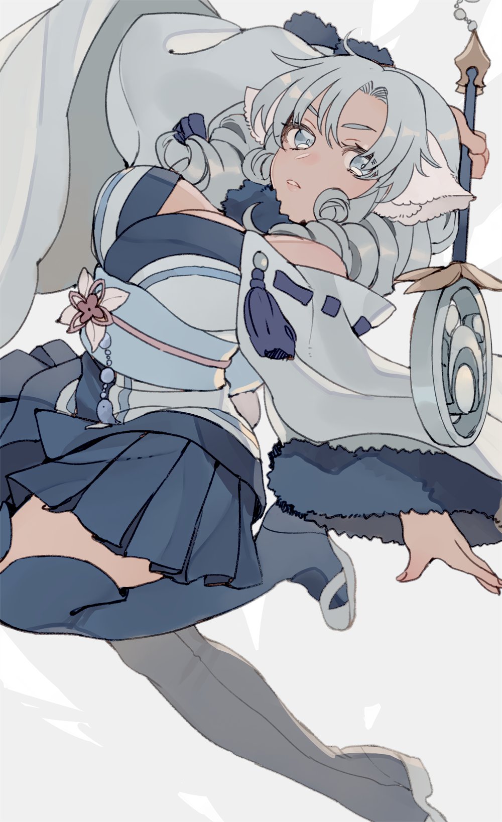 1girl, aged_down, ainu_clothes, animal_ears, aquaplus, arm_up, arms_up, bare_shoulders